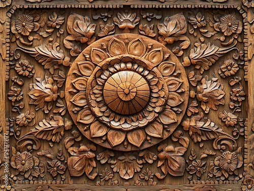 Ornate wood carving, floral design, temple panel, intricate details