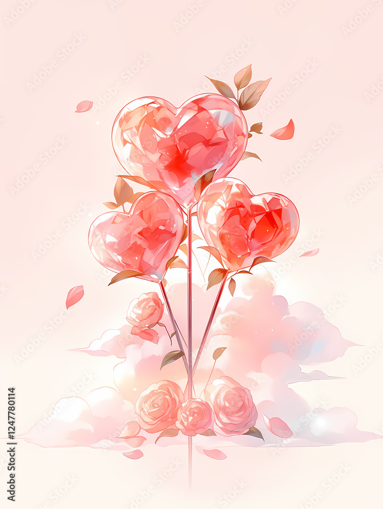 Fototapeta premium Three heart-shaped lollipops adorn a whimsical scene, blooming from a stem with delicate roses. A soft, romantic illustration.