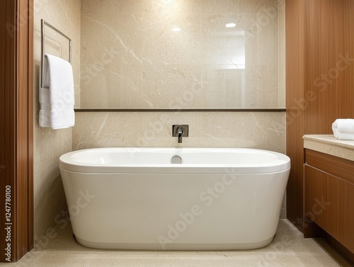 Modern bathroom with a spacious freestanding bathtub.