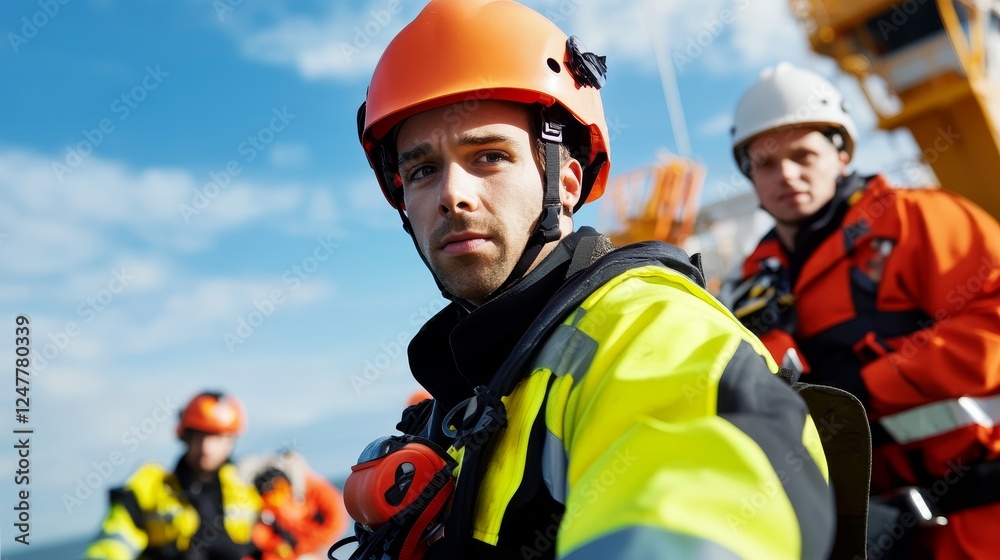 Rescue team members in bright safety gear prepare for a mission at sea, with a ship in the background Rescue team members in bright safety gear prepare for a mission at sea, with a ship in the background