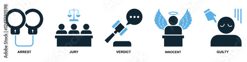 set of law and justice icon vector, featuring scales of justice, a gavel, courthouse for law firms, judiciary, legal services, and regulations