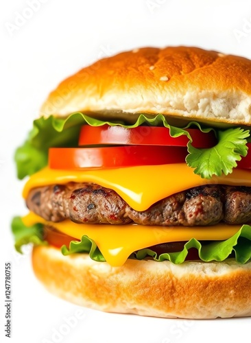 an image of a hamburger with cheese, tomato, lettuce and tomato slices, a close up of a hamburger with cheese and lettuce on a bun photo