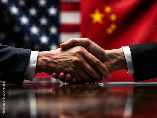 Handshake symbolizes agreement between countries against USA and China flags for international collaboration