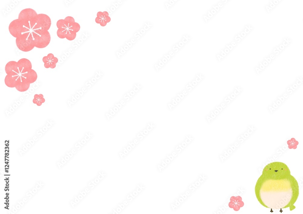 かわいいメジロと梅の花の手書き風イラスト かわいいメジロと梅の花の手書き風イラスト