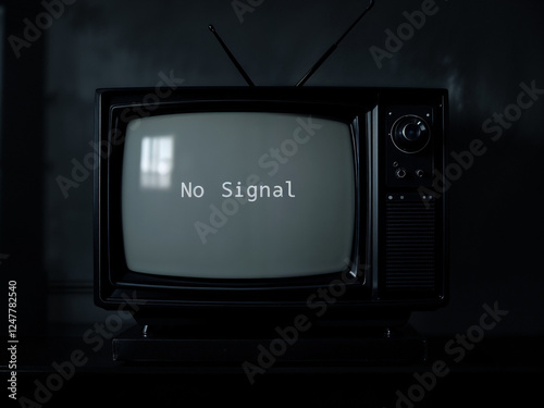 Vintage TV displays no signal on screen in dark room suggesting technology issues or obsolescence