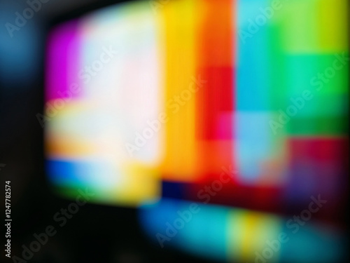 Television displays vibrant color bars in a blurred abstract pattern indoors creating a retro vibe
