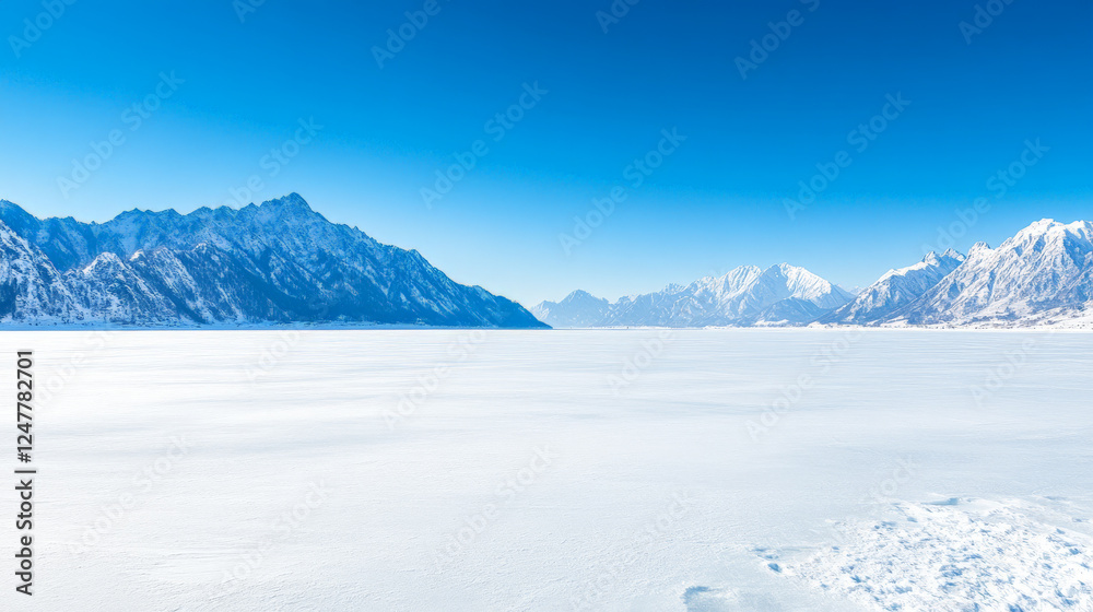 Serene winter landscape: snow-covered expanse meets majestic snow-capped mountains under a vibrant blue sky. Serene winter landscape: snow-covered expanse meets majestic snow-capped mountains under a vibrant blue sky.