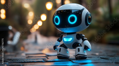 Charming 3D robot assistant with bright blue glowing details, sleek white body, and big expressive eyes. Dynamic pose, friendly and futuristic