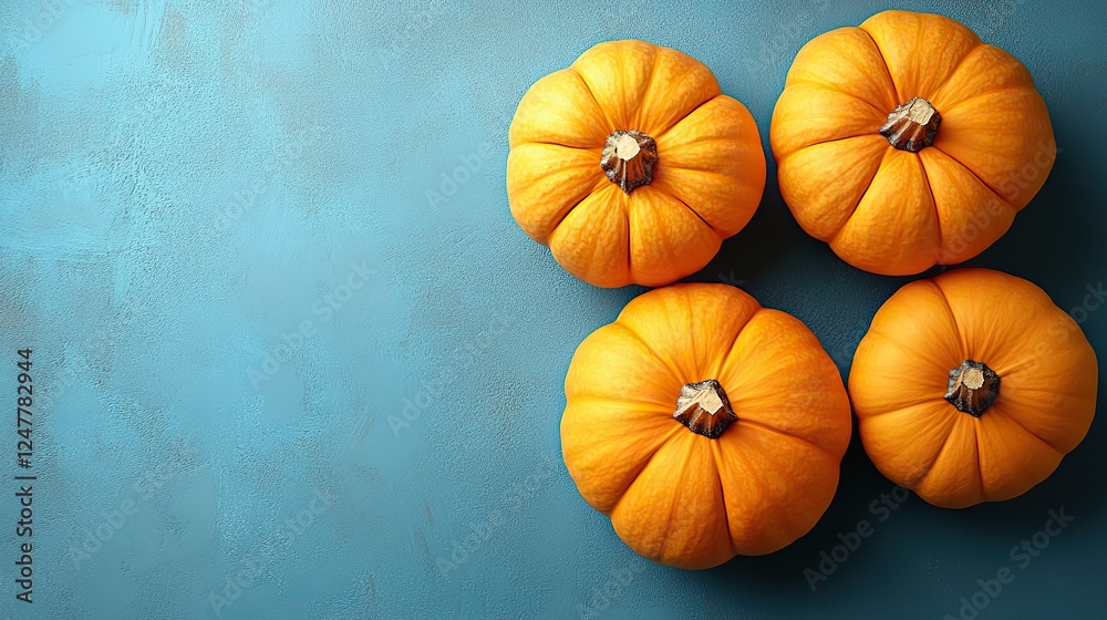 Orange pumpkins are displayed on a pastel blue background with copyspace. Orange pumpkins are displayed on a pastel blue background with copyspace.
