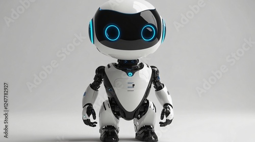 Charming 3D robot assistant with bright blue glowing details, sleek white body, and big expressive eyes. Dynamic pose, friendly and futuristic