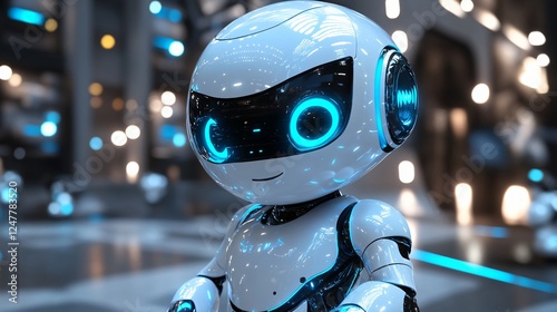 Charming 3D robot assistant with bright blue glowing details, sleek white body, and big expressive eyes. Dynamic pose, friendly and futuristic