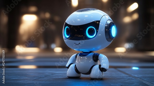 Cute 3D robotic assistant with glowing blue accents, big expressive eyes, and a sleek white design. Friendly, futuristic, and engaging pose.