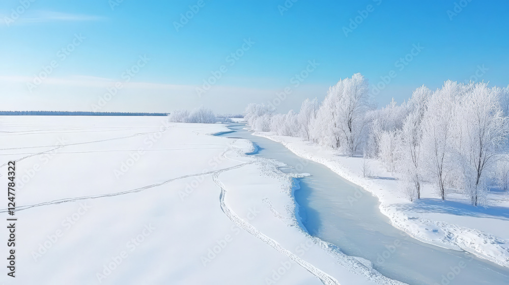 Serene winter landscape: a frozen river winds through a snow-covered field, under a clear blue sky. Frosty trees line the banks. Serene winter landscape: a frozen river winds through a snow-covered field, under a clear blue sky. Frosty trees line the banks.