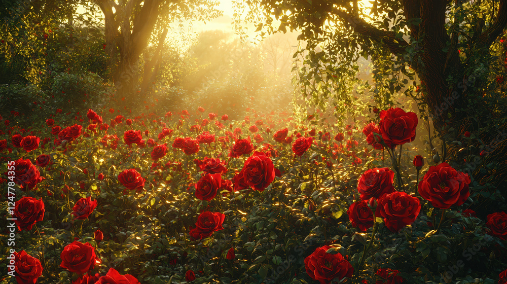 Obraz premium A field of wild red dense roses, summer noon midday high sun sunlights, the photo is taken from far away, 8k 