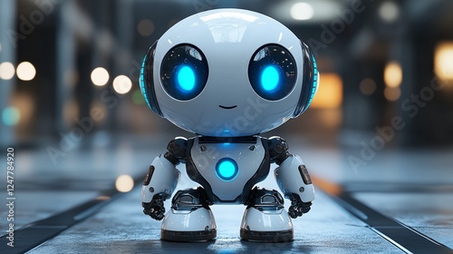 Friendly 3D robot mascot with large expressive eyes, sleek white body, and blue glowing details. Dynamic and professional pose, futuristic look