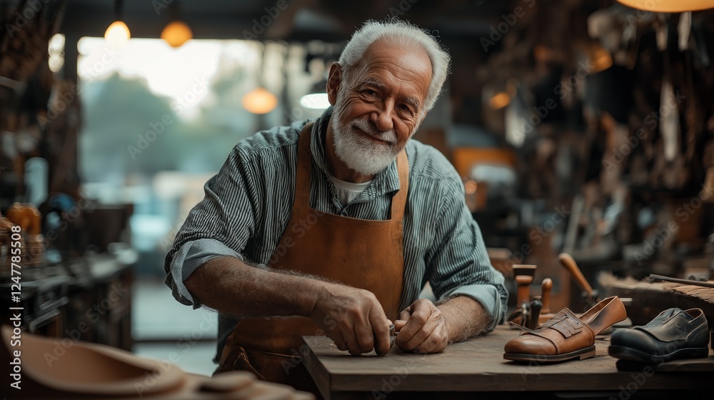 In a vibrant workshop, an experienced shoemaker meticulously works on a pair of shoes, showcasing his skills and passion for craftsmanship in every detail In a vibrant workshop, an experienced shoemaker meticulously works on a pair of shoes, showcasing his skills and passion for craftsmanship in every detail