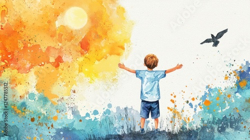 Child Embracing Nature in Vibrant Watercolor Horizon Scene
