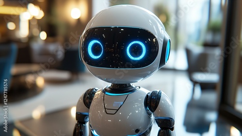 Futuristic 3D robot mascot with a sleek white body, glowing blue highlights, and large expressive eyes. Dynamic, friendly, and professional
