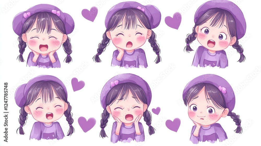 Cute Cartoon Girl Emojis with Different Expressions in Purple Colors Cute Cartoon Girl Emojis with Different Expressions in Purple Colors