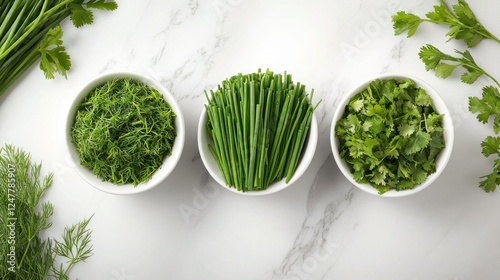 Fresh herbs in bowls on marble. Food photography for recipe blogs photo