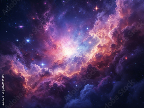 Vibrant nebula glows with celestial light amidst cosmic clouds and twinkling stars in space