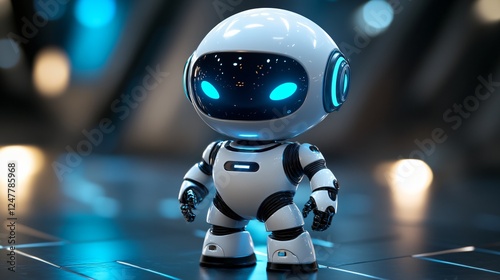 Futuristic 3D robot mascot with a sleek white body, glowing blue highlights, and large expressive eyes. Dynamic, friendly, and professional