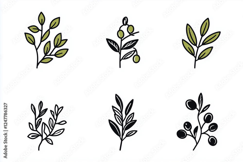 vector set of olive green leaves