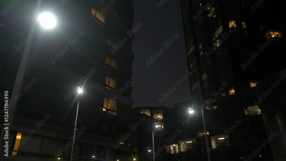 Dark Dystopian High Rise Building Look Up with Street Lamp Night