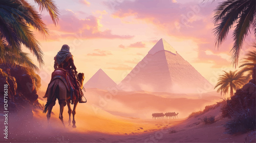 Mystical Journey in Egyptian Desert: Lone Rider on Camel at Sunset Near Pyramids of Giza Surrounded by Palm Trees in a Serene Sahara Landscape Illustration
