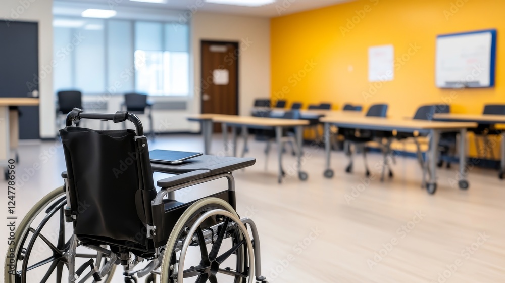 Empty classroom with a wheelchair in focus, showcasing accessibility features and modern design Empty classroom with a wheelchair in focus, showcasing accessibility features and modern design