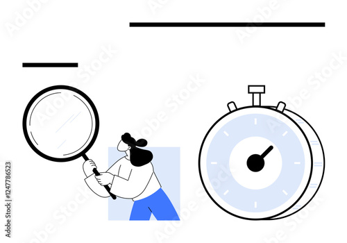 Person holding magnifying glass next to stopwatch focus on analysis, precision, time, organization, and productivity. Ideal for research, time tracking, efficiency improvement, deadlines project