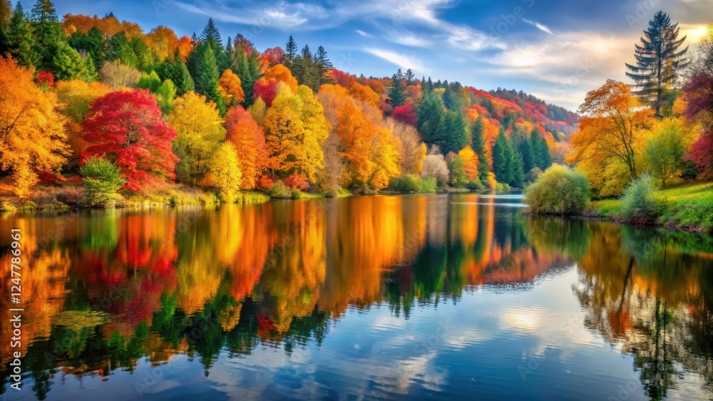 Autumnal Abundance Near Water, serene escape, colorful landscape Autumnal Abundance Near Water, serene escape, colorful landscape