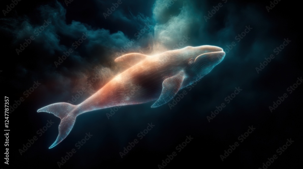 Naklejka premium A stunning digital rendering of a whale illuminated by vibrant colors evokes feelings of wonder and curiosity about the ocean's depths and the beauty of marine life.