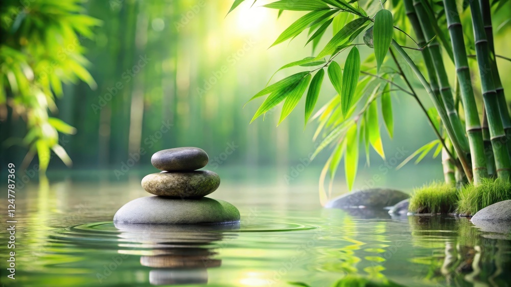 Serene Zen stone surrounded by calm water, bamboo, and lush greenery in a peaceful ambiance, peaceful retreat, spa Serene Zen stone surrounded by calm water, bamboo, and lush greenery in a peaceful ambiance, peaceful retreat, spa