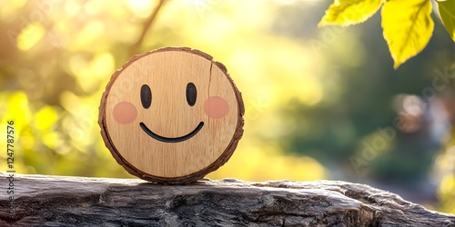 A wood block with a smiley face carved on it photo