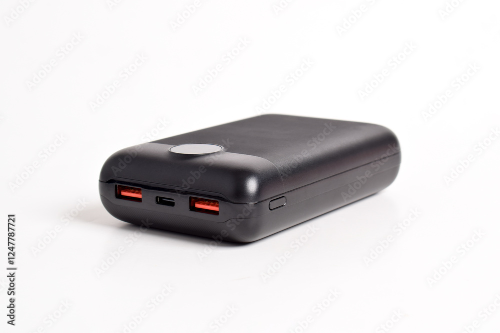 Power bank for charging mobile devices. External battery for mobile devices. Fully charged portable power bank isolated on white background Power bank for charging mobile devices. External battery for mobile devices. Fully charged portable power bank isolated on white background
