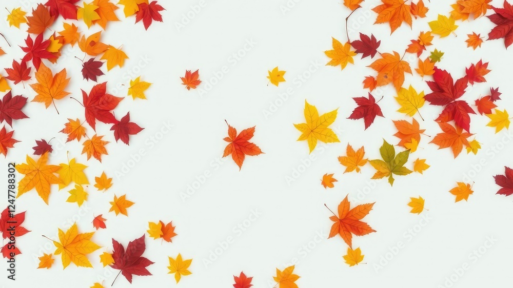 Collection of colorful autumn leaves in random scattered arrangement against a plain white surface, nature backdrop, floral patterns, leafy greens Collection of colorful autumn leaves in random scattered arrangement against a plain white surface, nature backdrop, floral patterns, leafy greens