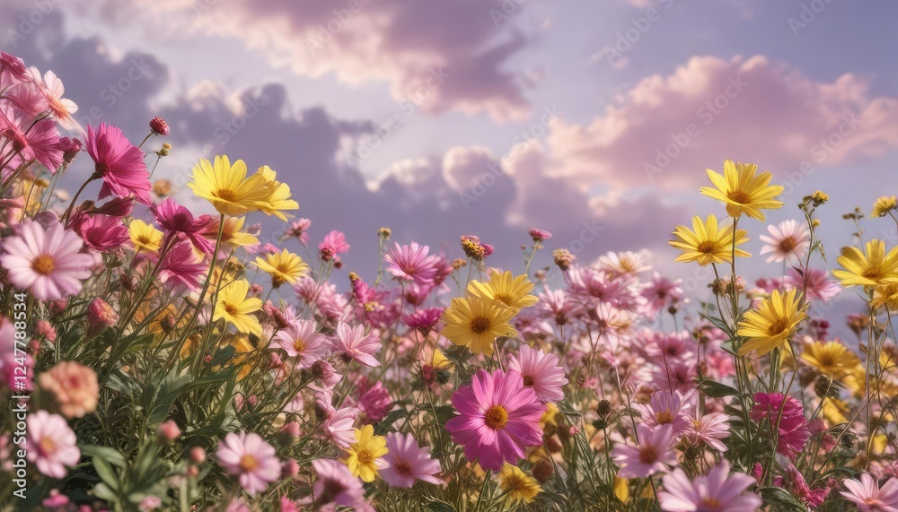 Colorful and delicate flowers in various shades of pink and yellow against the backdrop of a clear sky, colorful blooms, bouquet, blue background Colorful and delicate flowers in various shades of pink and yellow against the backdrop of a clear sky, colorful blooms, bouquet, blue background