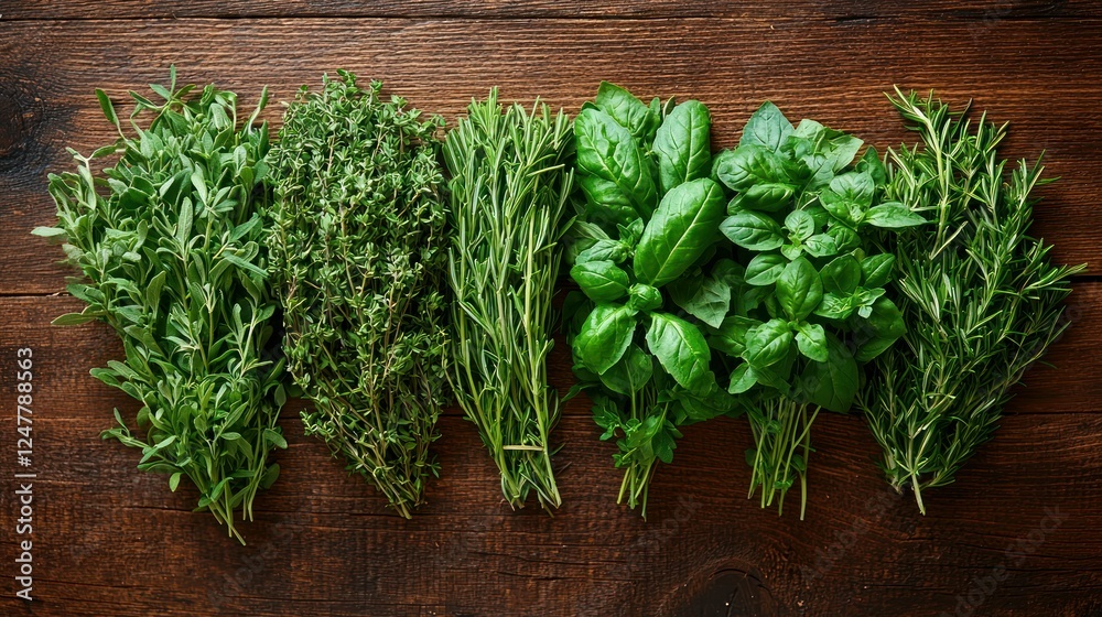Fresh herbs on wooden background, cooking ingredients Fresh herbs on wooden background, cooking ingredients