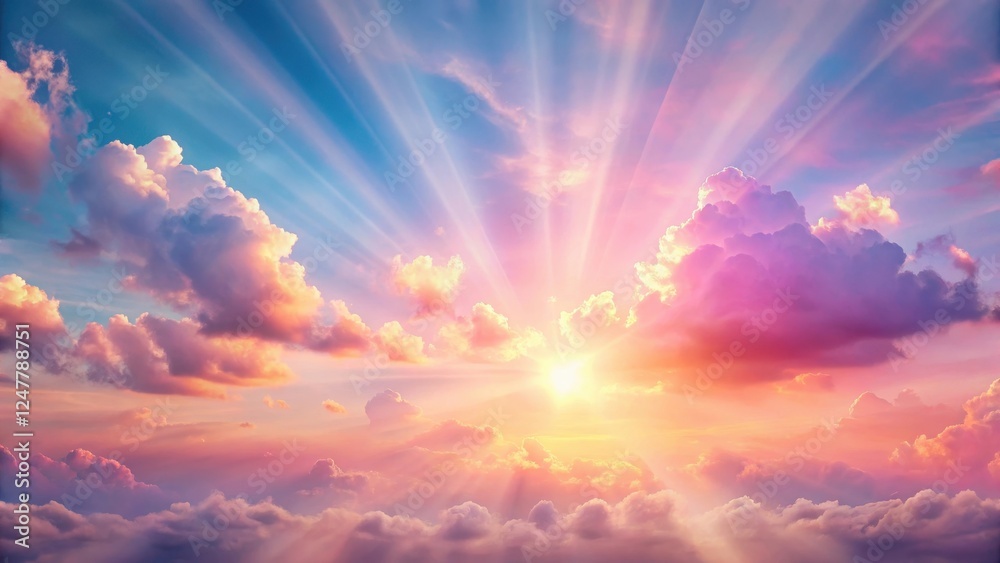 dreamy sky with pink clouds and sun rays shining in pastel colors, soft focus dreamy sky with pink clouds and sun rays shining in pastel colors, soft focus