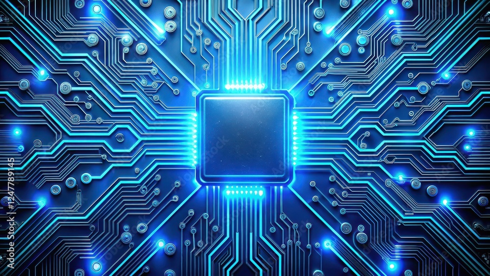 A futuristic circuit board with glowing blue lines and circuits , motherboard , wires,  motherboard