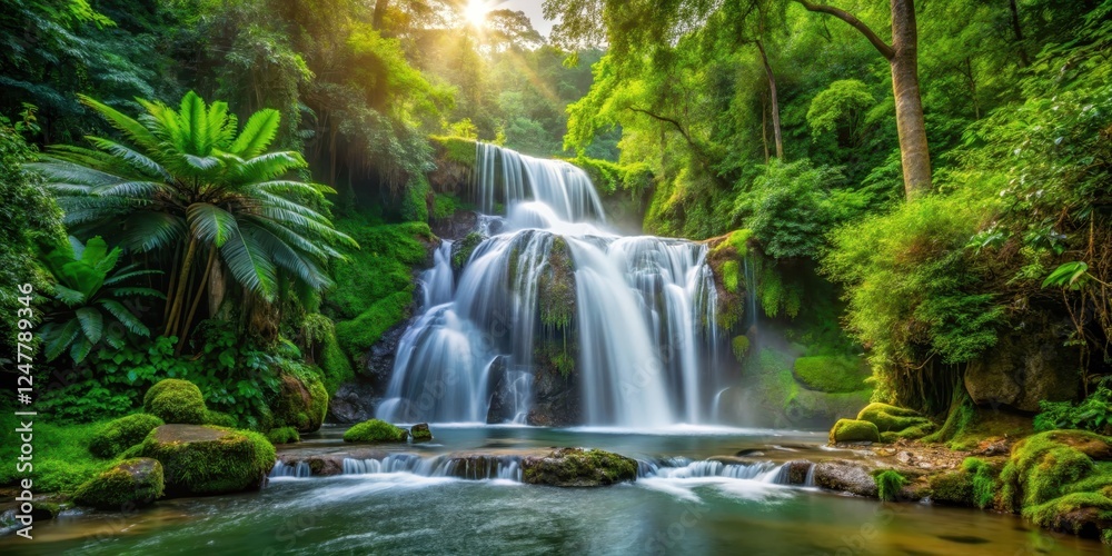 waterfall flowing through dense foliage, forest ecosystem waterfall flowing through dense foliage, forest ecosystem