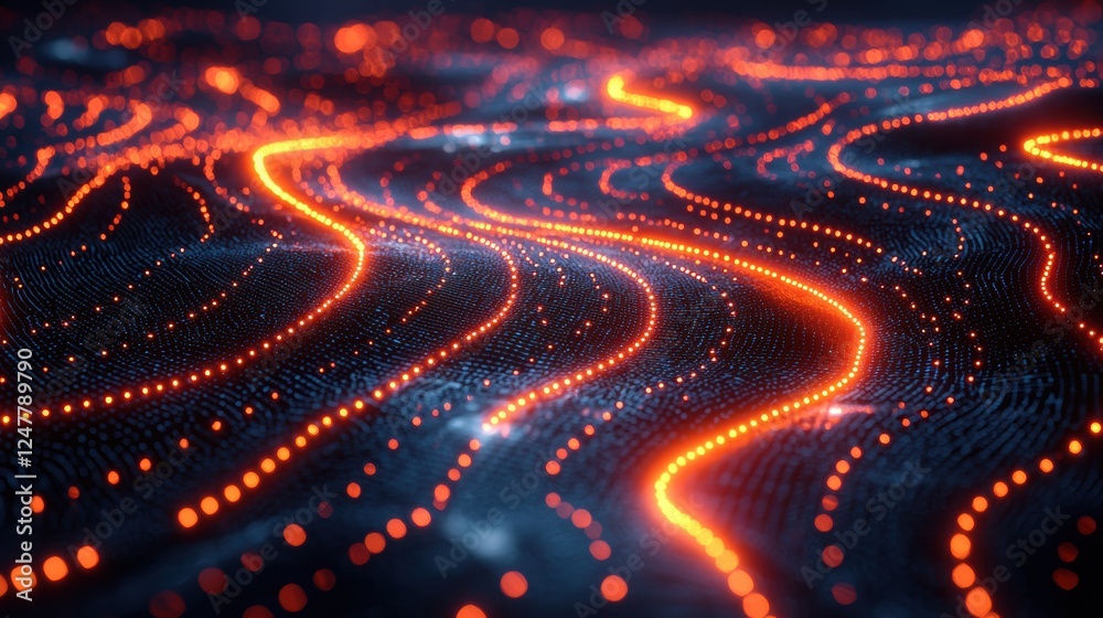 Abstract glowing lines flowing through a dark digital landscape creating a futuristic and dynamic visual effect illustrating technology and innovation concepts. Abstract glowing lines flowing through a dark digital landscape creating a futuristic and dynamic visual effect illustrating technology and innovation concepts.