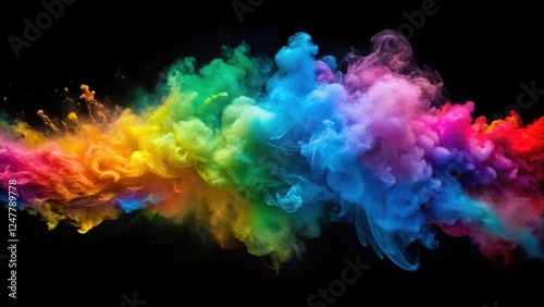 Swirling colorful smoke particles suspended in mid-air, forming an abstract explosion of vibrant and dynamic colors, color gradation, explosion effect