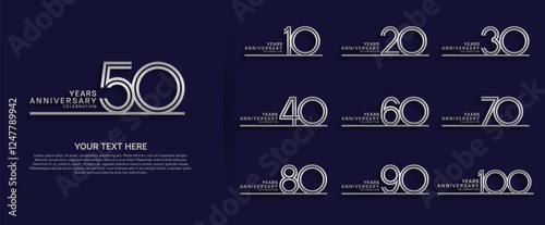 logo anniversary set. silver color with long line on blue background for special event