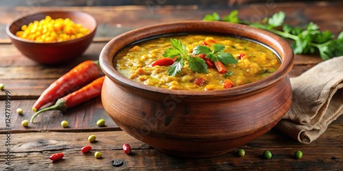 Traditional Guyanese dhal with lentils served in a clay pot, comforting meal