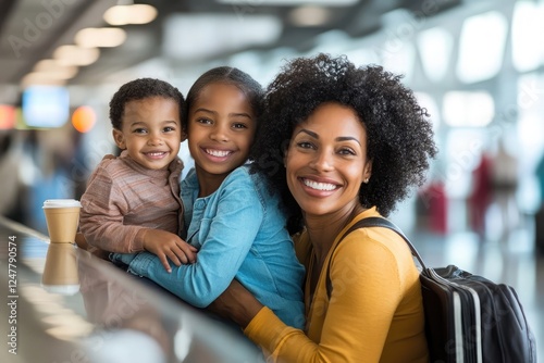 A smiling family enjoys breakfast at an airport caf?(C), excited for their upcoming vacation photo