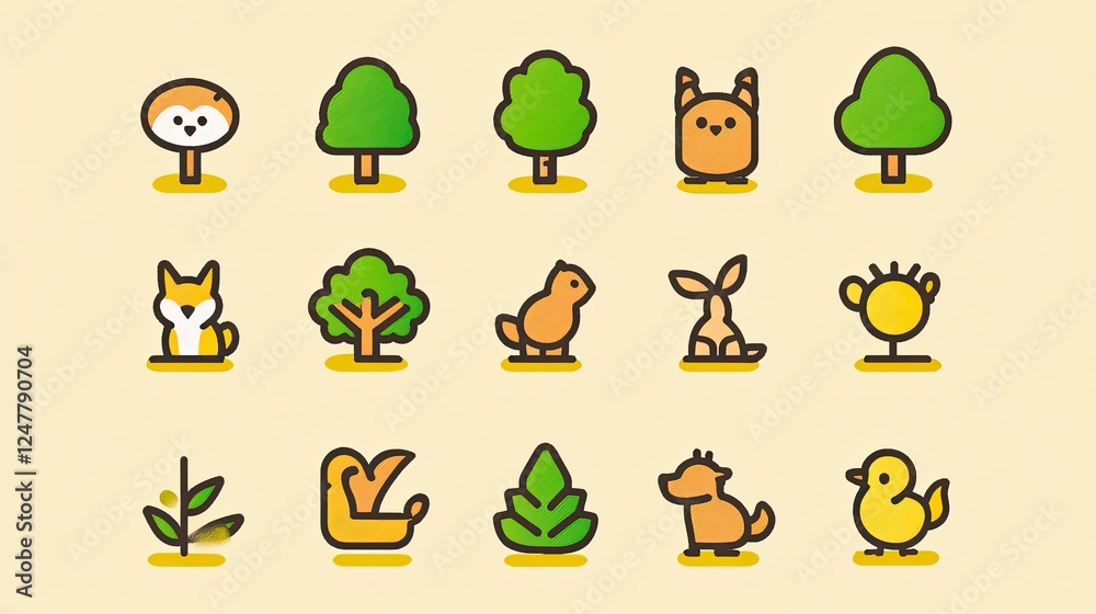 Obraz premium Cute cartoon animal and tree icons set. Perfect for kids' projects, websites, or apps. Includes fox, rabbit, chick, and more.
