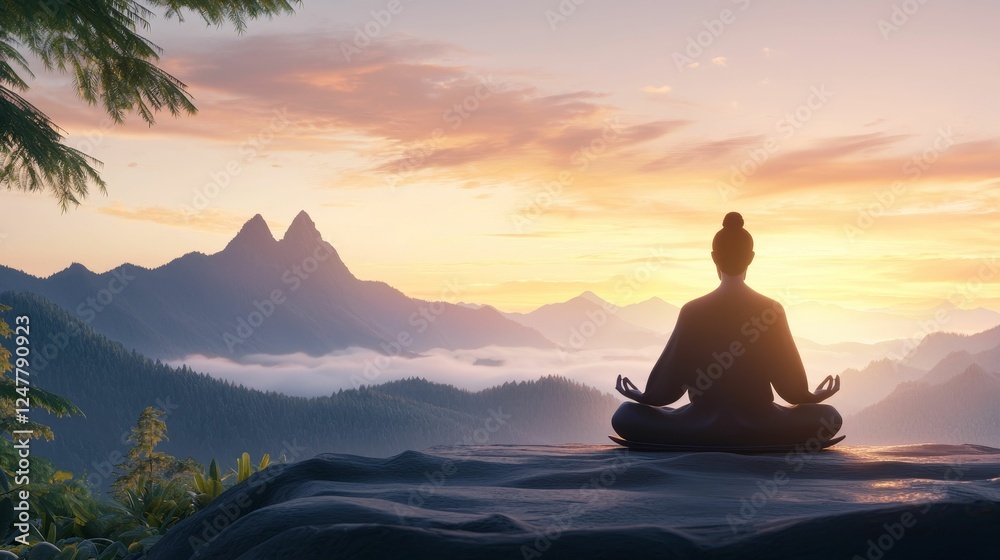 A serene silhouette meditates on a rock, surrounded by majestic mountains and a vibrant sunset casting a peaceful ambiance. A serene silhouette meditates on a rock, surrounded by majestic mountains and a vibrant sunset casting a peaceful ambiance.