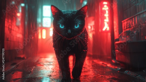 Black cat with blue eyes in neon light on a dark background